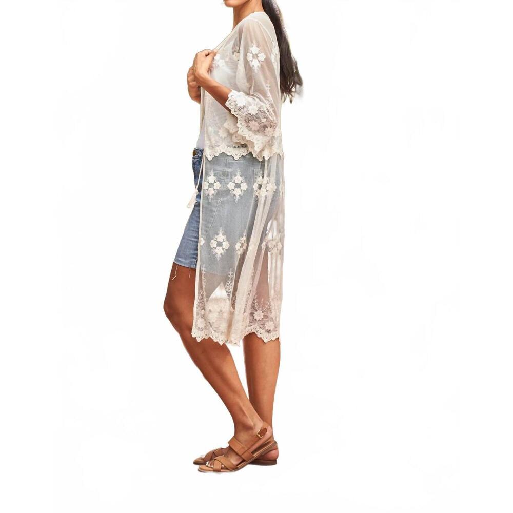 NEW PAPARAZZI embroidered mesh duster with tie front in natural - Picture 4 of 8
